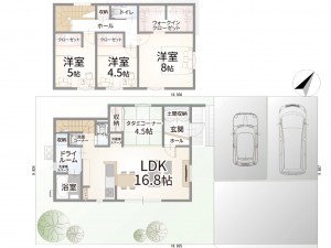 出雲市西新町、新築一戸建ての間取り画像です