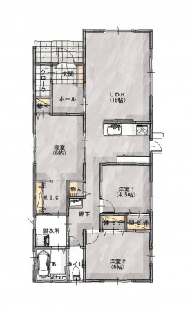 出雲市渡橋町、新築一戸建ての間取り画像です