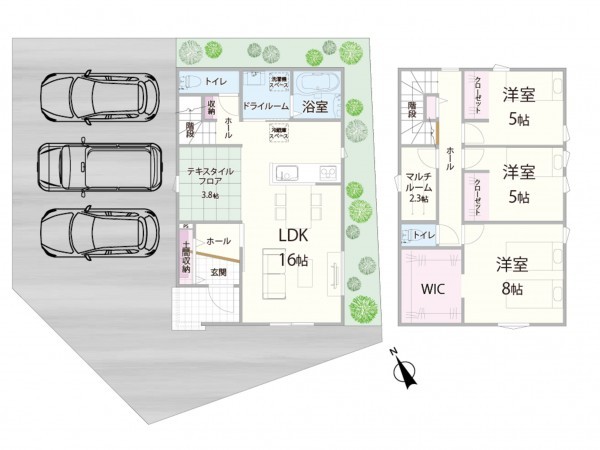 米子市旗ヶ崎、新築一戸建ての間取り画像です