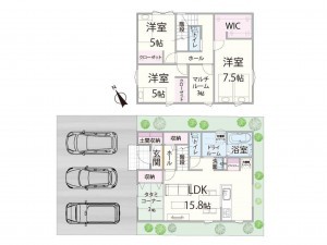 米子市東福原、新築一戸建ての間取り画像です