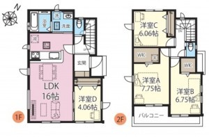 上尾市大字向山、新築一戸建ての間取り画像です
