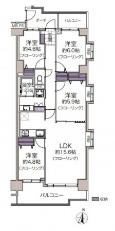 上尾市柏座、マンションの間取り画像です
