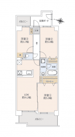 上尾市柏座、マンションの間取り画像です