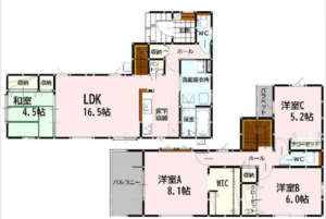 熊本市東区八反田、新築一戸建ての間取り画像です