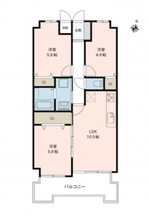 熊本市東区保田窪、マンションの間取り画像です
