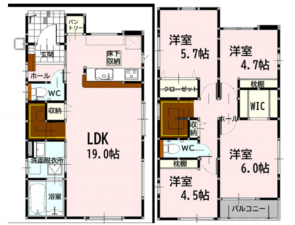 熊本市南区御幸西、新築一戸建ての間取り画像です