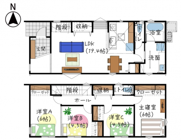 熊本市南区砂原町、新築一戸建ての間取り画像です