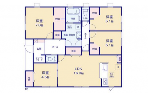 西尾市巨海町、新築一戸建ての間取り画像です