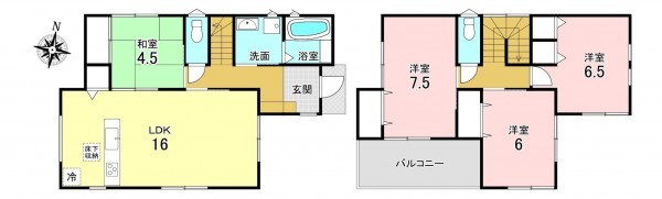 加古川市野口町北野、新築一戸建ての間取り画像です