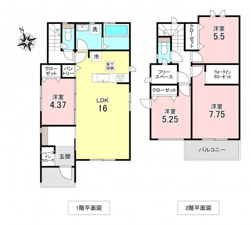 加古川市東神吉町砂部、新築一戸建ての間取り画像です