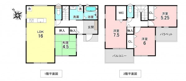 加古川市野口町長砂、新築一戸建ての間取り画像です