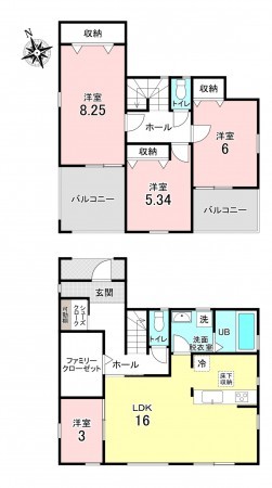 加古川市加古川町稲屋、新築一戸建ての間取り画像です