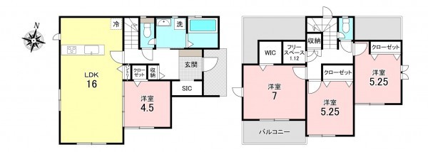 加古川市野口町北野、新築一戸建ての間取り画像です