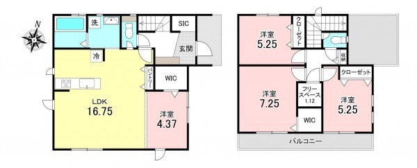 加古川市野口町北野、新築一戸建ての間取り画像です