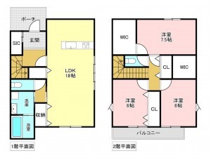 加古川市野口町水足、新築一戸建ての間取り画像です