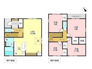 加古川市加古川町河原、新築一戸建ての間取り画像です