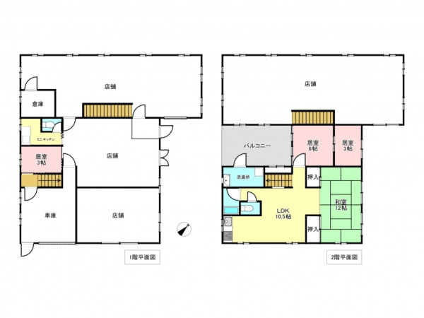 加古川市尾上町旭、収益物件/店舗付住宅の間取り画像です