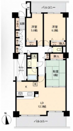 鎌ケ谷市道野辺本町、マンションの間取り画像です