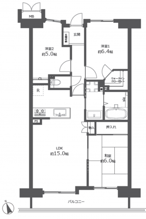 鎌ケ谷市東中沢、マンションの間取り画像です