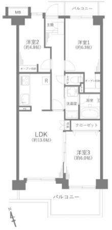 船橋市二子町、マンションの間取り画像です