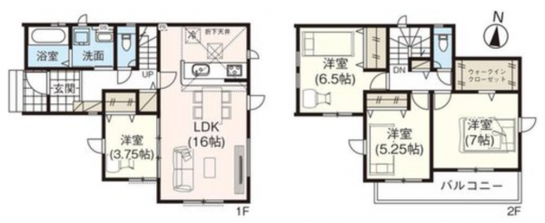 吉川市道庭、新築一戸建ての間取り画像です