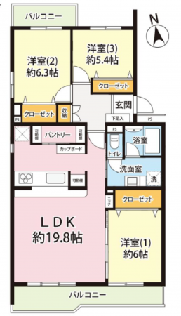 三郷市早稲田、マンションの間取り画像です