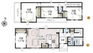 三郷市上彦名、新築一戸建ての間取り画像です