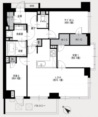 目黒区目黒、マンションの間取り画像です