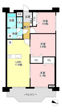 相模原市南区上鶴間、マンションの間取り画像です