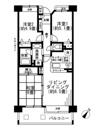 相模原市南区上鶴間本町、マンションの間取り画像です