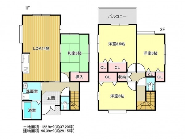 阪南市自然田、中古一戸建ての間取り画像です