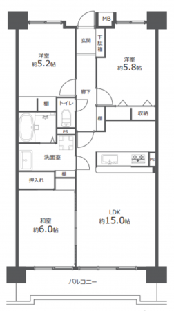 豊田市柿本町、マンションの間取り画像です