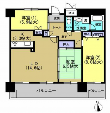 豊田市喜多町、マンションの間取り画像です