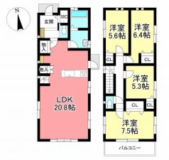 豊田市上郷町、中古一戸建ての間取り画像です