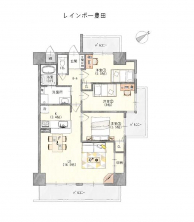 豊田市若林東町、マンションの間取り画像です