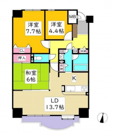 豊田市河合町、マンションの間取り画像です