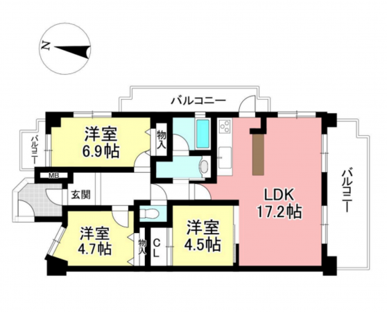 豊田市京町、マンションの間取り画像です