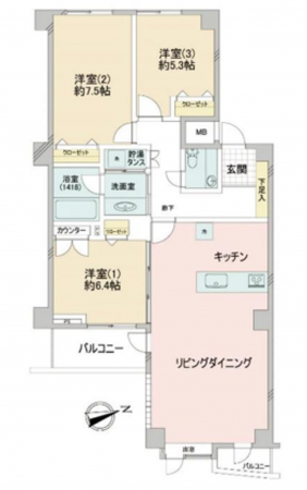 横浜市青葉区新石川、マンションの間取り画像です