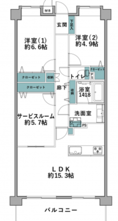 横浜市青葉区市ケ尾町、マンションの間取り画像です