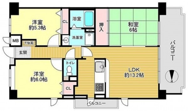 貝塚市窪田、マンションの間取り画像です