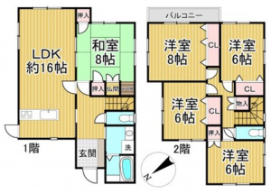 泉佐野市鶴原、中古一戸建ての間取り画像です