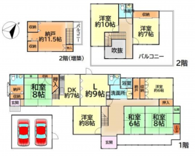 泉佐野市市場西、中古一戸建ての間取り画像です