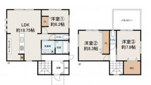 岸和田市箕土路町、中古一戸建ての間取り画像です