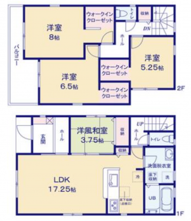 岸和田市三田町、新築一戸建ての間取り画像です