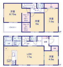 岸和田市三田町、新築一戸建ての間取り画像です