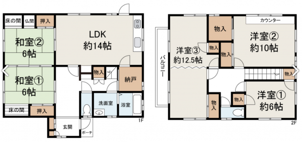 岸和田市東ケ丘町、中古一戸建ての間取り画像です