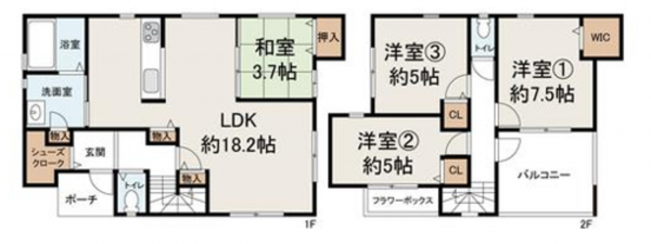 岸和田市藤井町、中古一戸建ての間取り画像です
