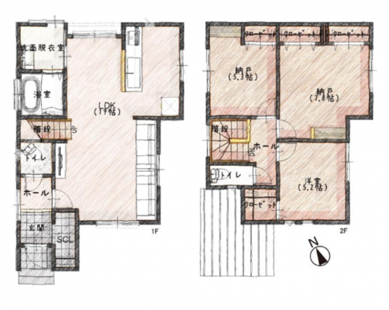 岸和田市岸城町、新築一戸建ての間取り画像です