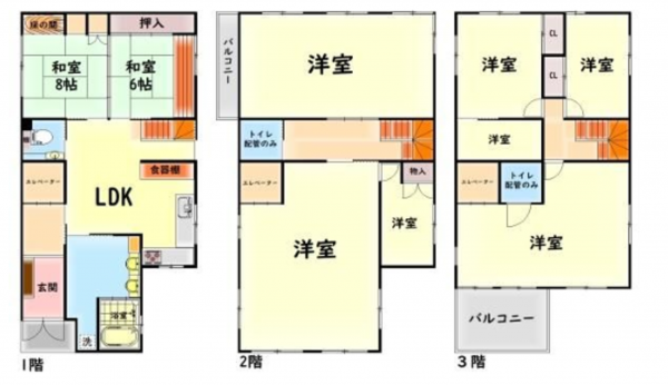 岸和田市真上町、中古一戸建ての間取り画像です