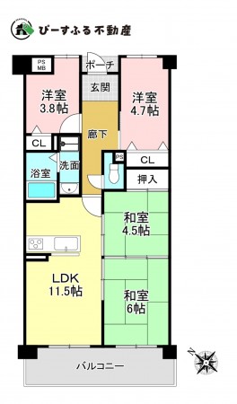 貝塚市南町、マンションの間取り画像です